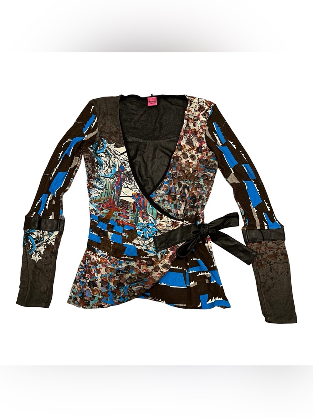 Save the Queen! Italy Abstract Print Faux Leather Wrap Top Made in Italy Size S